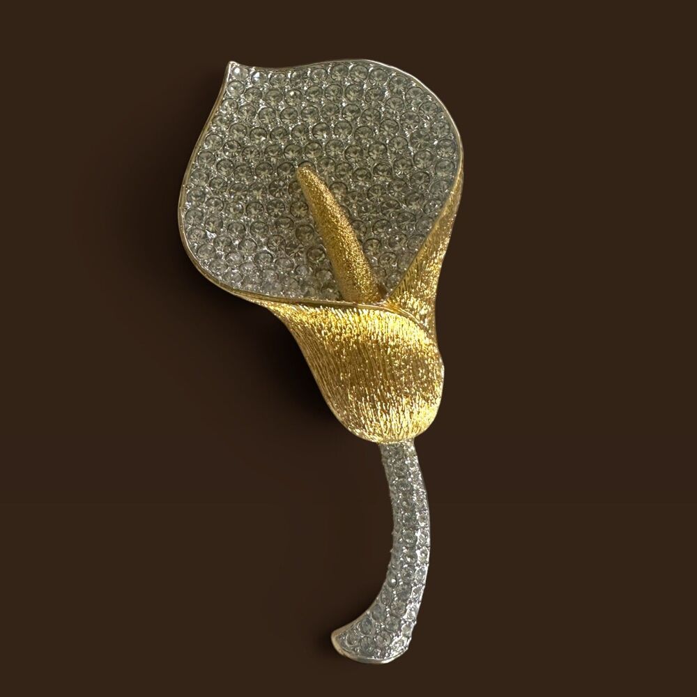 Vintage Nolan Miller Calla Lily Brooch Pavé Crystal Rhinestone Gold Tone Signed